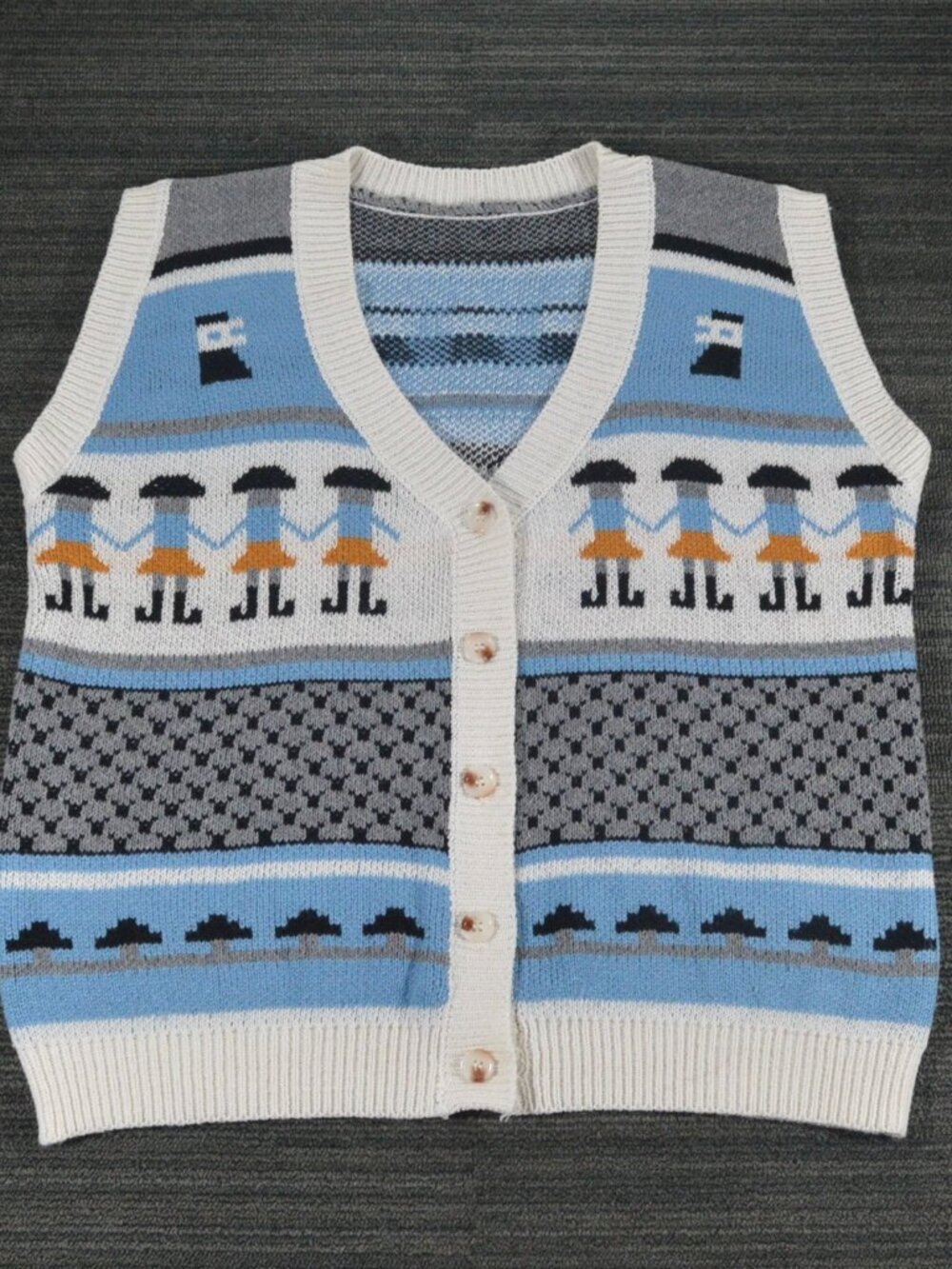 Folk Art Figure Motif Button Sweater Vest M/L